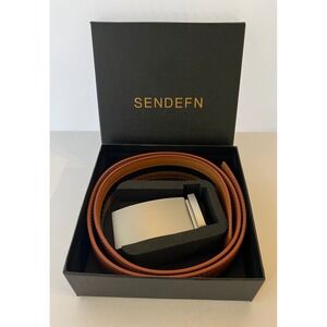 SENDEFN Mens Ratchet Belt Brown Leather Brushed Silver Automatic Slide Buckle